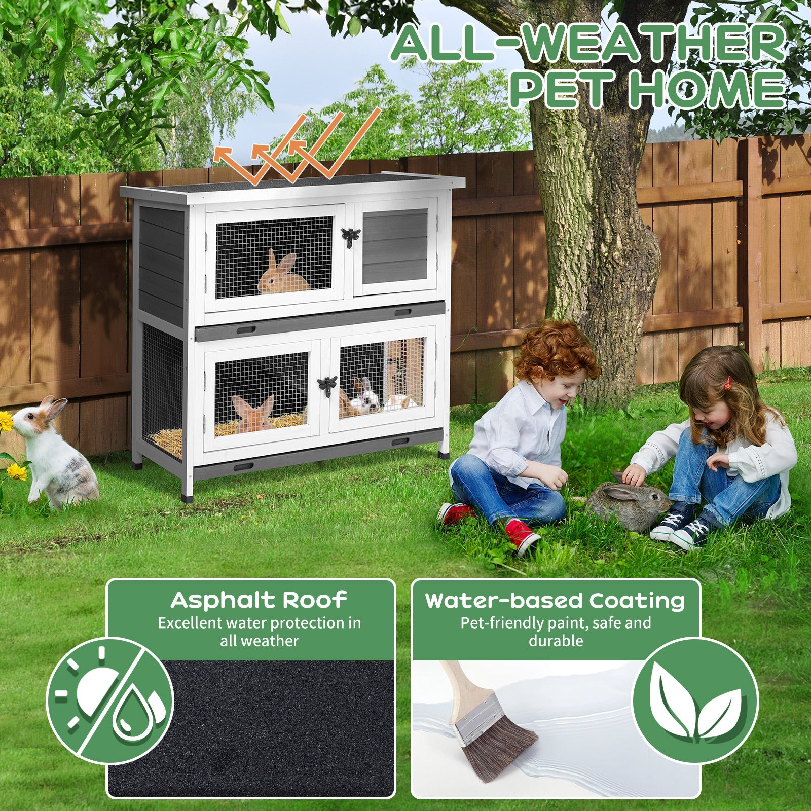 KFX-9337789 2-Story Rabbit Hutch with Tray, Weather-Resistant Grey Cedar Housing for Small Pets