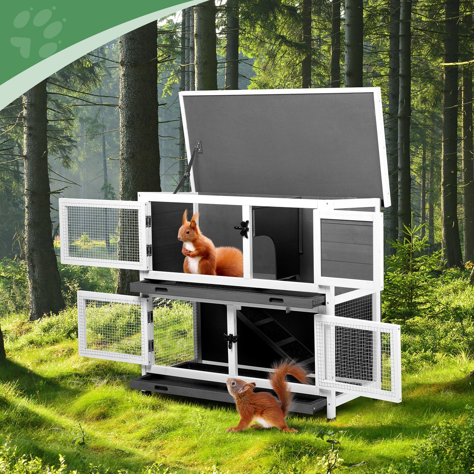 KFX-9337789 2-Story Rabbit Hutch with Tray, Weather-Resistant Grey Cedar Housing for Small Pets