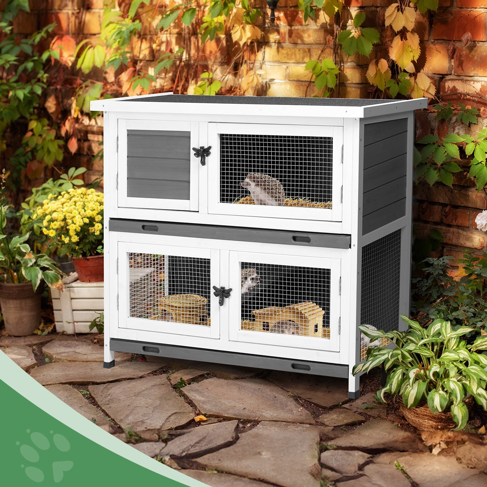 KFX-9337789 2-Story Rabbit Hutch with Tray, Weather-Resistant Grey Cedar Housing for Small Pets