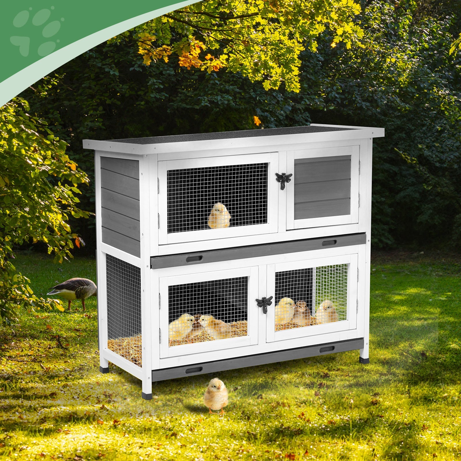 KFX-9337789 2-Story Rabbit Hutch with Tray, Weather-Resistant Grey Cedar Housing for Small Pets