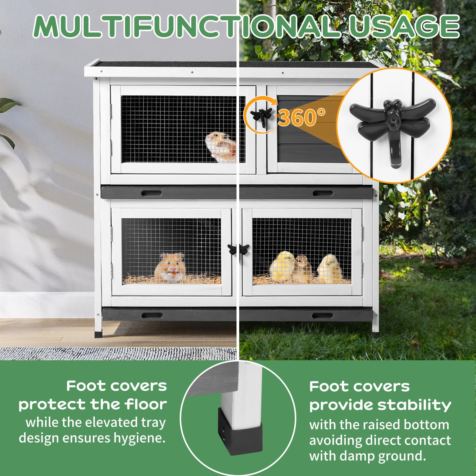 KFX-9337789 2-Story Rabbit Hutch with Tray, Weather-Resistant Grey Cedar Housing for Small Pets