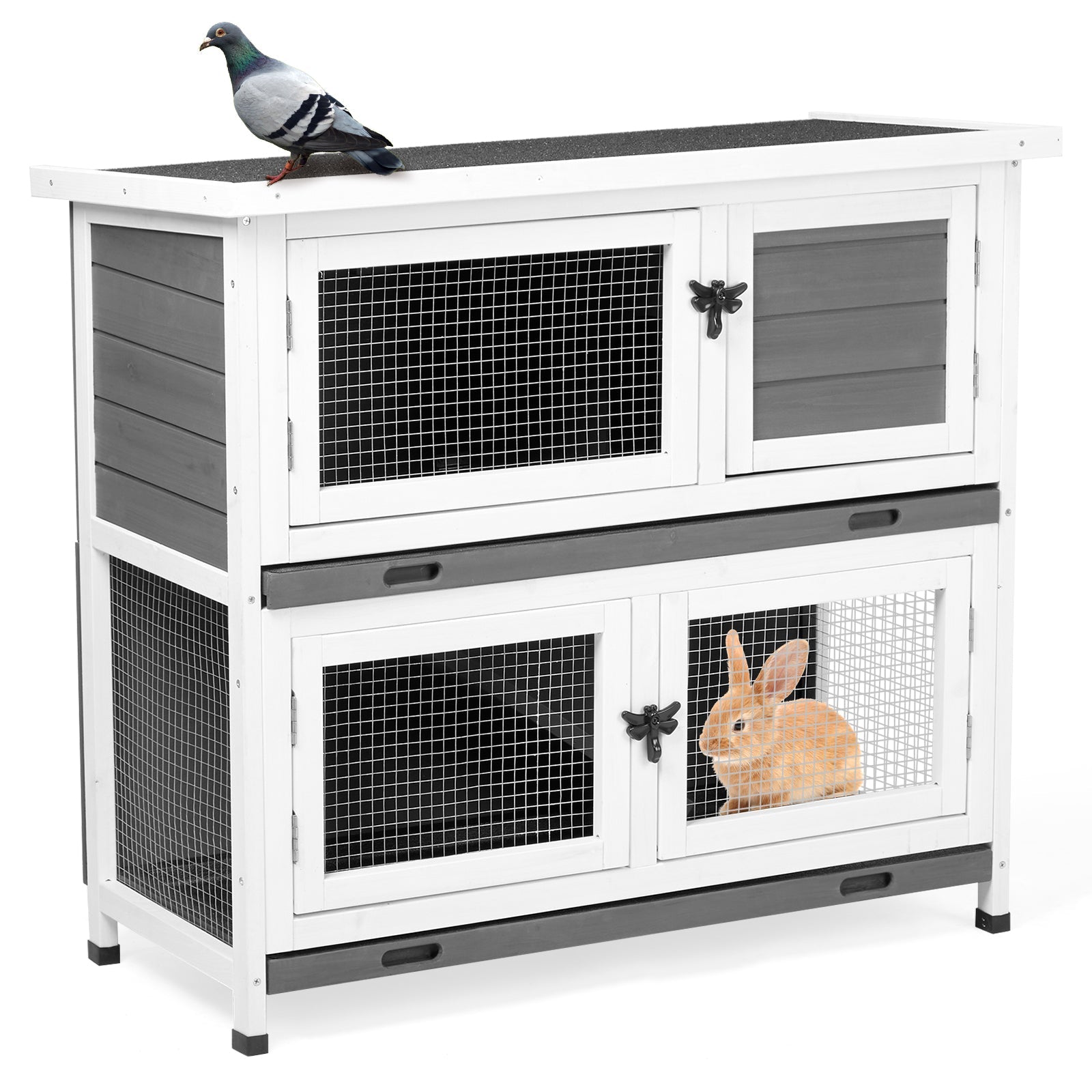 KFX-9337789 2-Story Rabbit Hutch with Tray, Weather-Resistant Grey Cedar Housing for Small Pets
