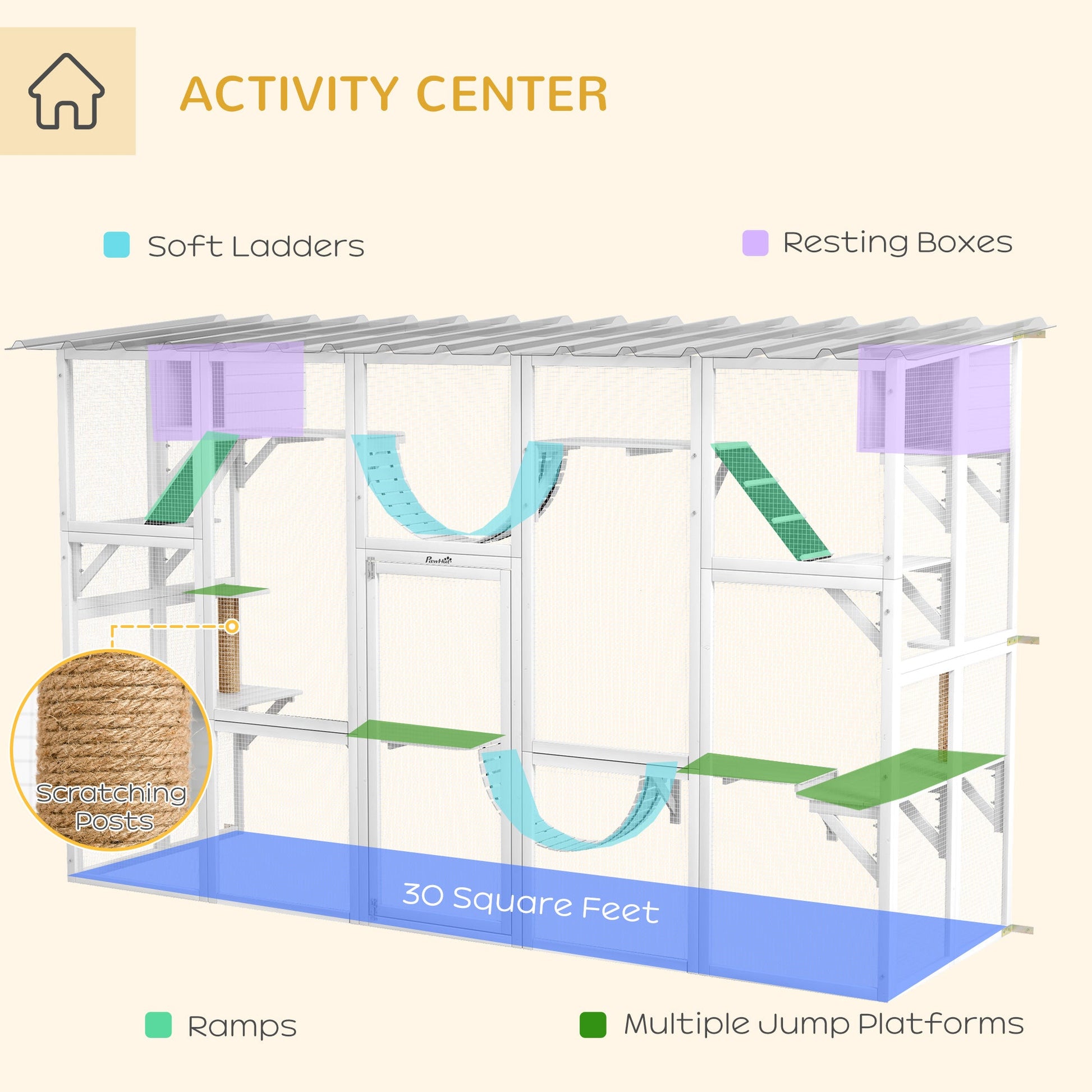 KFX-9338173 Large Cat Catio with Shelves, Bridges, and Ramps - Outdoor Enclosure for Multiple Cats, White