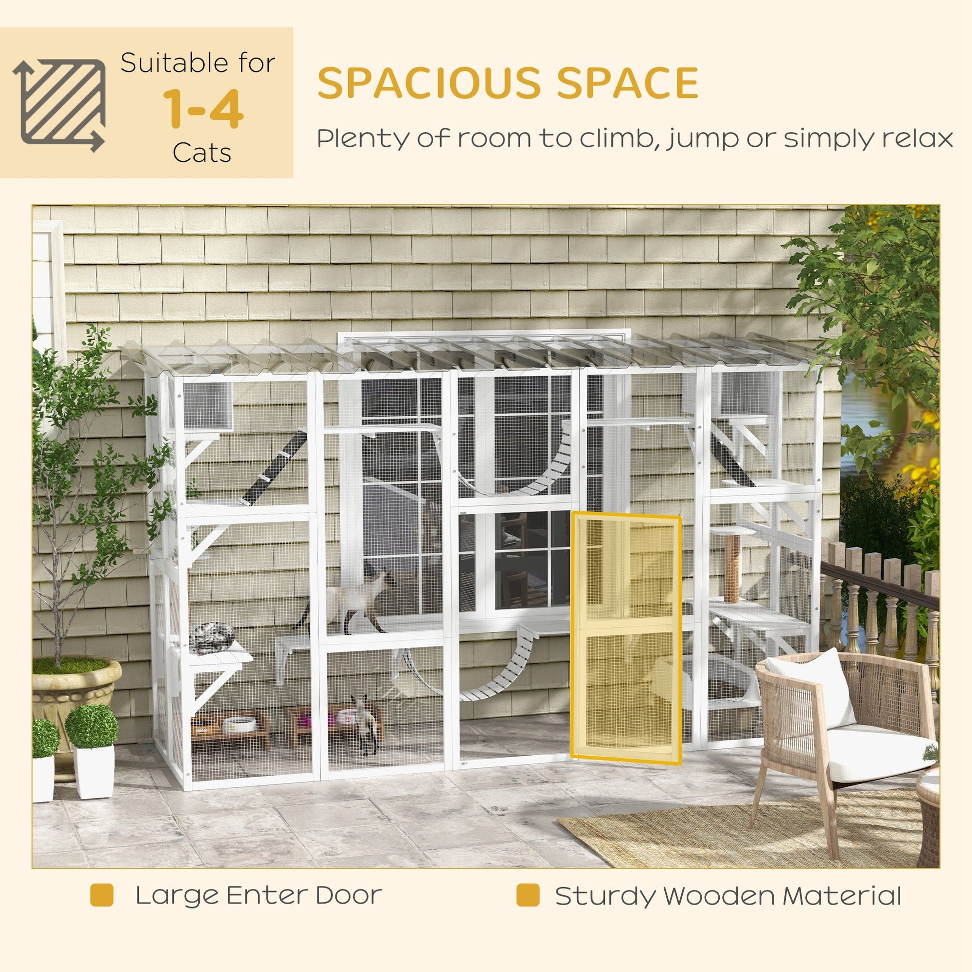 KFX-9338173 Large Cat Catio with Shelves, Bridges, and Ramps - Outdoor Enclosure for Multiple Cats, White