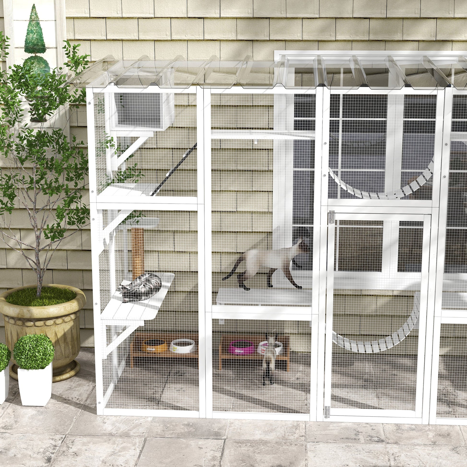 KFX-9338173 Large Cat Catio with Shelves, Bridges, and Ramps - Outdoor Enclosure for Multiple Cats, White
