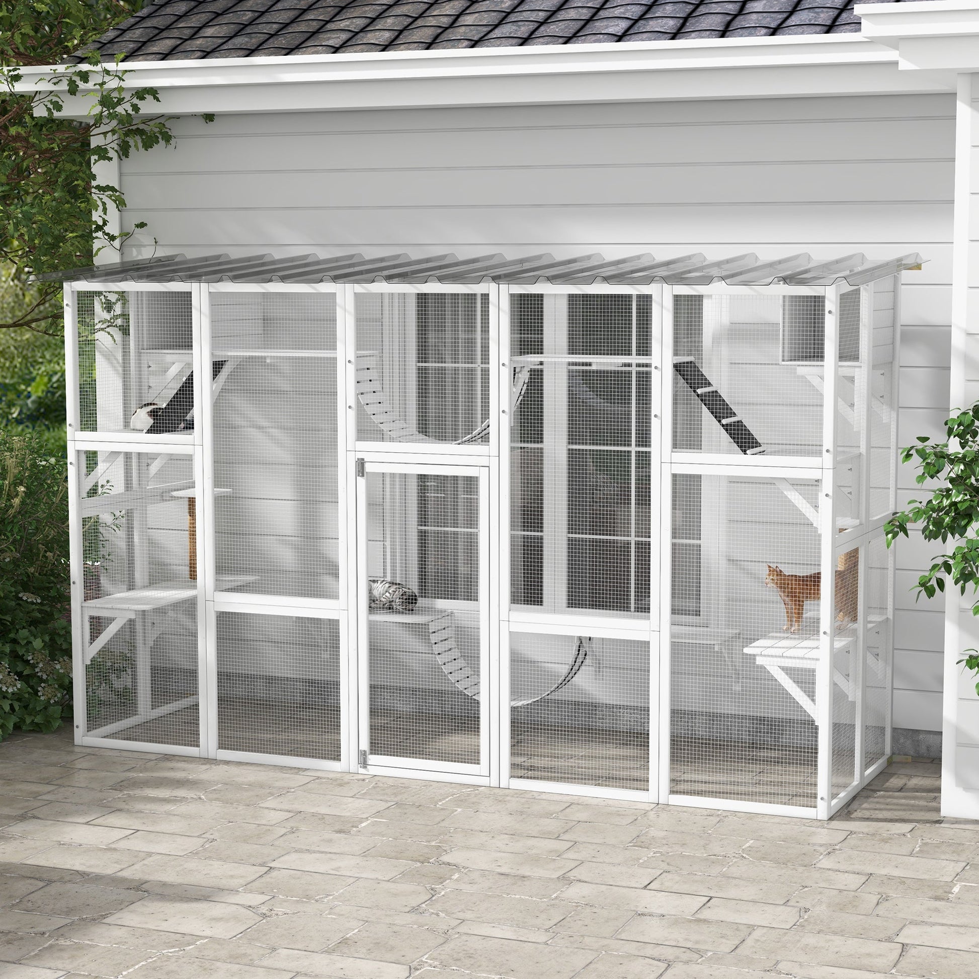 KFX-9338173 Large Cat Catio with Shelves, Bridges, and Ramps - Outdoor Enclosure for Multiple Cats, White