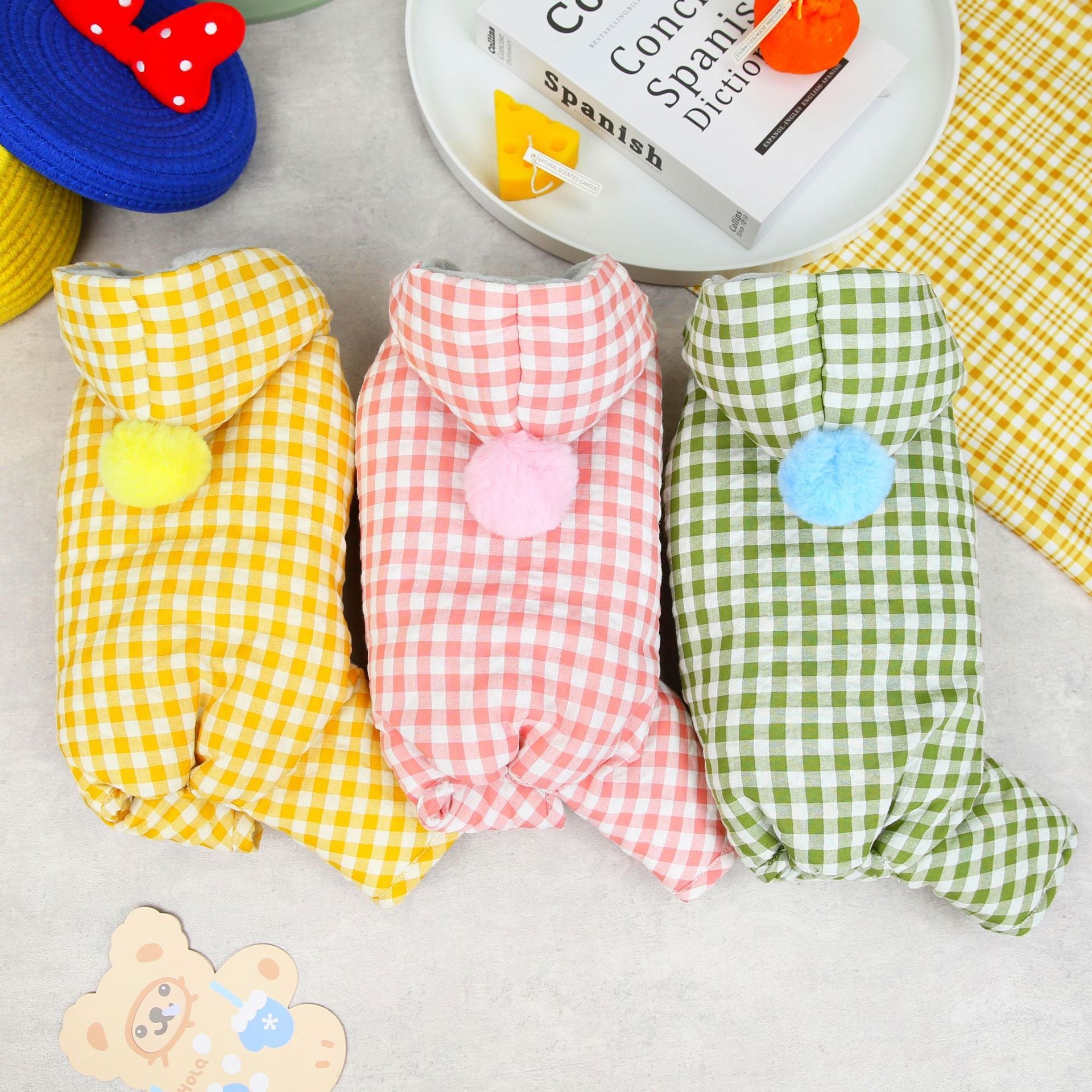 KFX-9338557 Colorful Cotton Cloth Pet Coat for Autumn and Winter – Four-Legged Design in Pink, Green, and Yellow