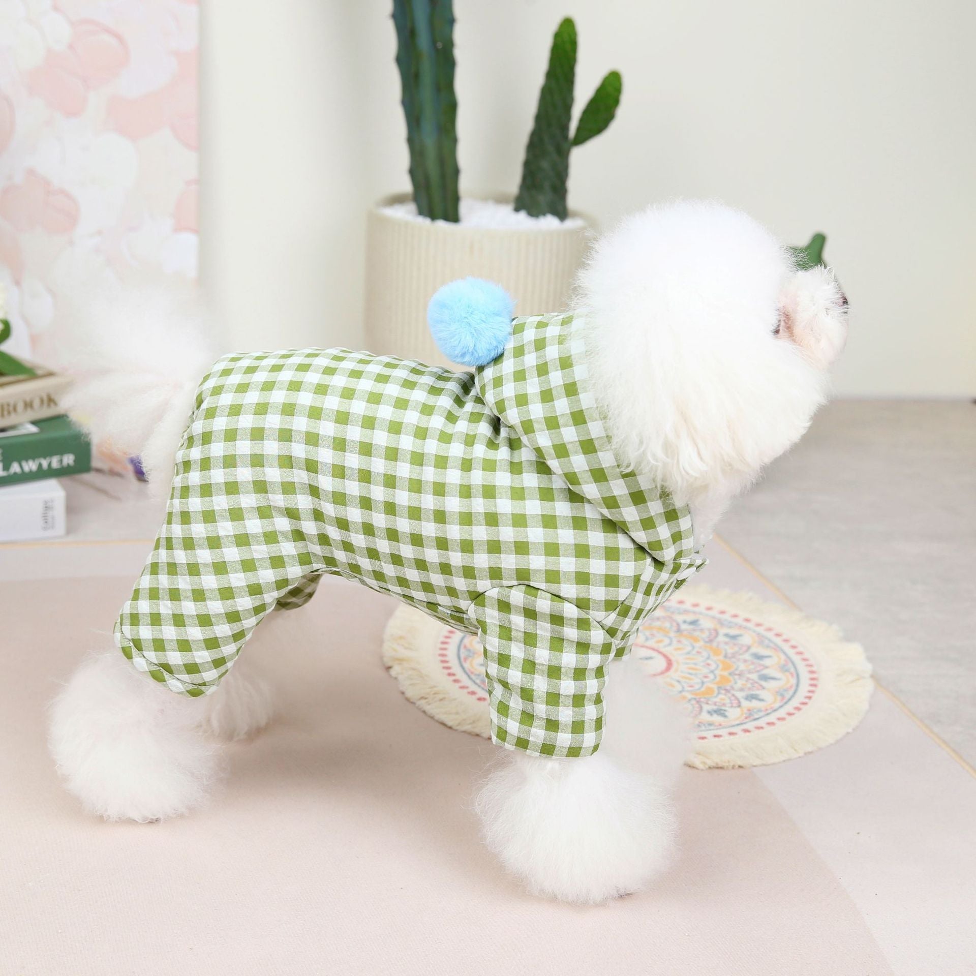 KFX-9338557 Colorful Cotton Cloth Pet Coat for Autumn and Winter – Four-Legged Design in Pink, Green, and Yellow