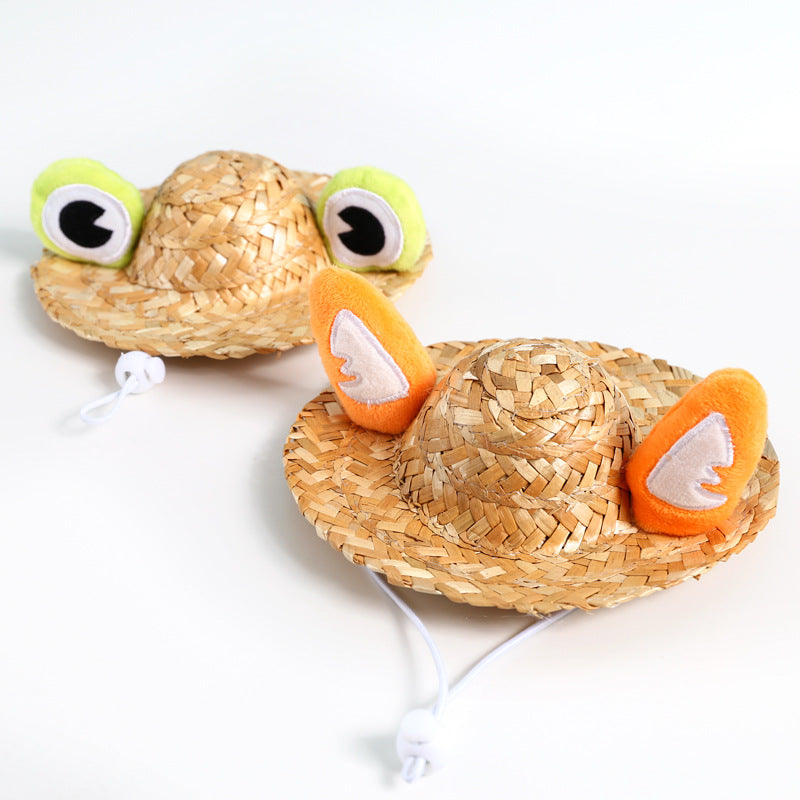 KFX-9338941 Pet Summer Straw Hat With Cute Frog and Antler Designs