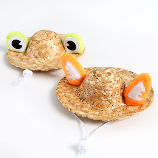 KFX-9338941 Pet Summer Straw Hat With Cute Frog and Antler Designs
