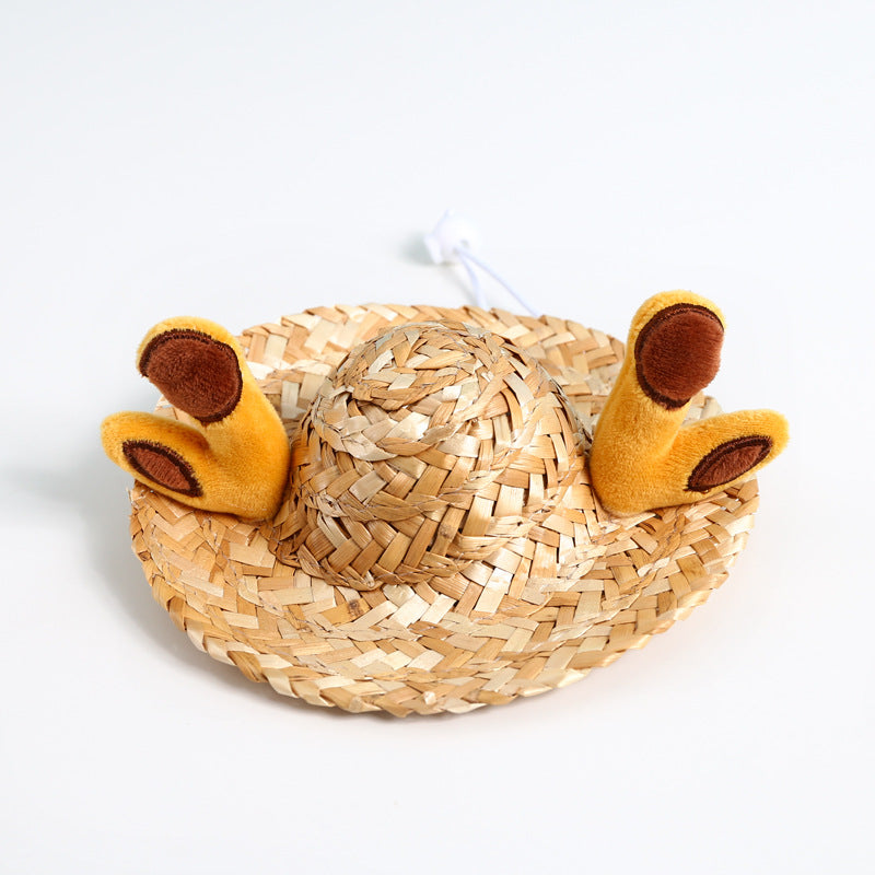 KFX-9338941 Pet Summer Straw Hat With Cute Frog and Antler Designs
