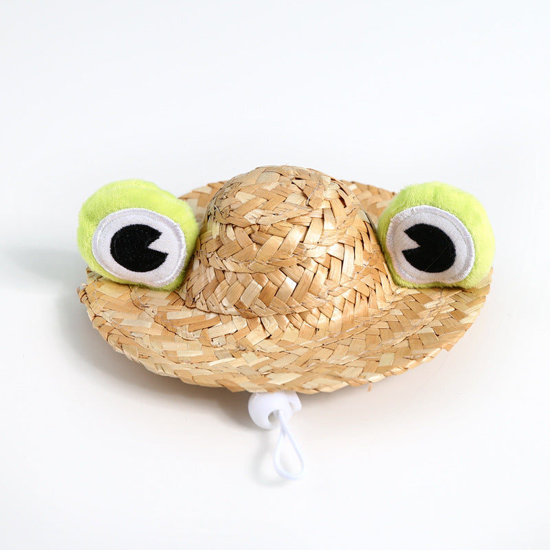 KFX-9338941 Pet Summer Straw Hat With Cute Frog and Antler Designs