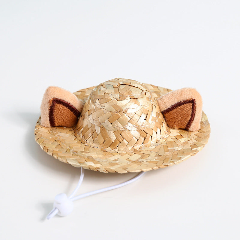 KFX-9338941 Pet Summer Straw Hat With Cute Frog and Antler Designs