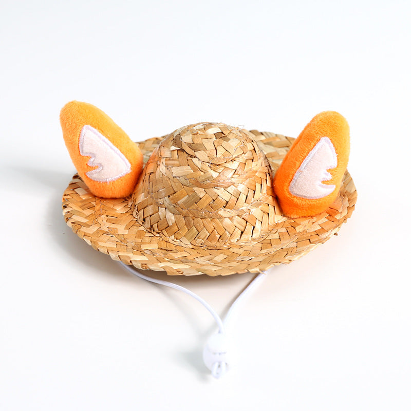 KFX-9338941 Pet Summer Straw Hat With Cute Frog and Antler Designs