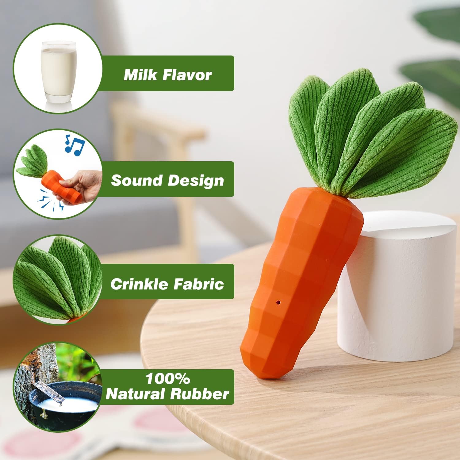 KFX-9341373 Durable Interactive Squeaky Dog Toy for Medium Dogs - Milk Flavor Rubber Carrot with Crinkle Leaves, Ideal for Training and Dental Care