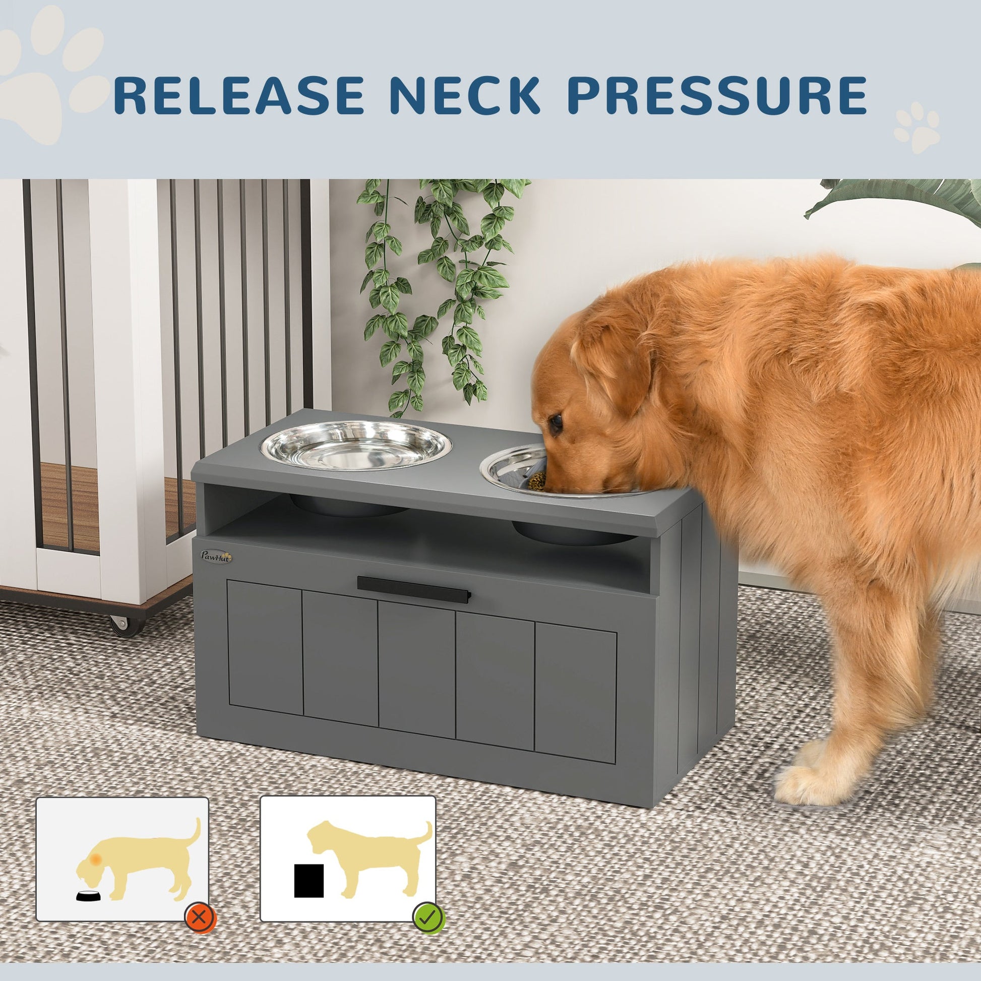 KFX-9351613 Elevated Dog Bowl Stand with 2 Stainless Steel Bowls, Slow Feeder, and Storage Drawer for Large Breeds
