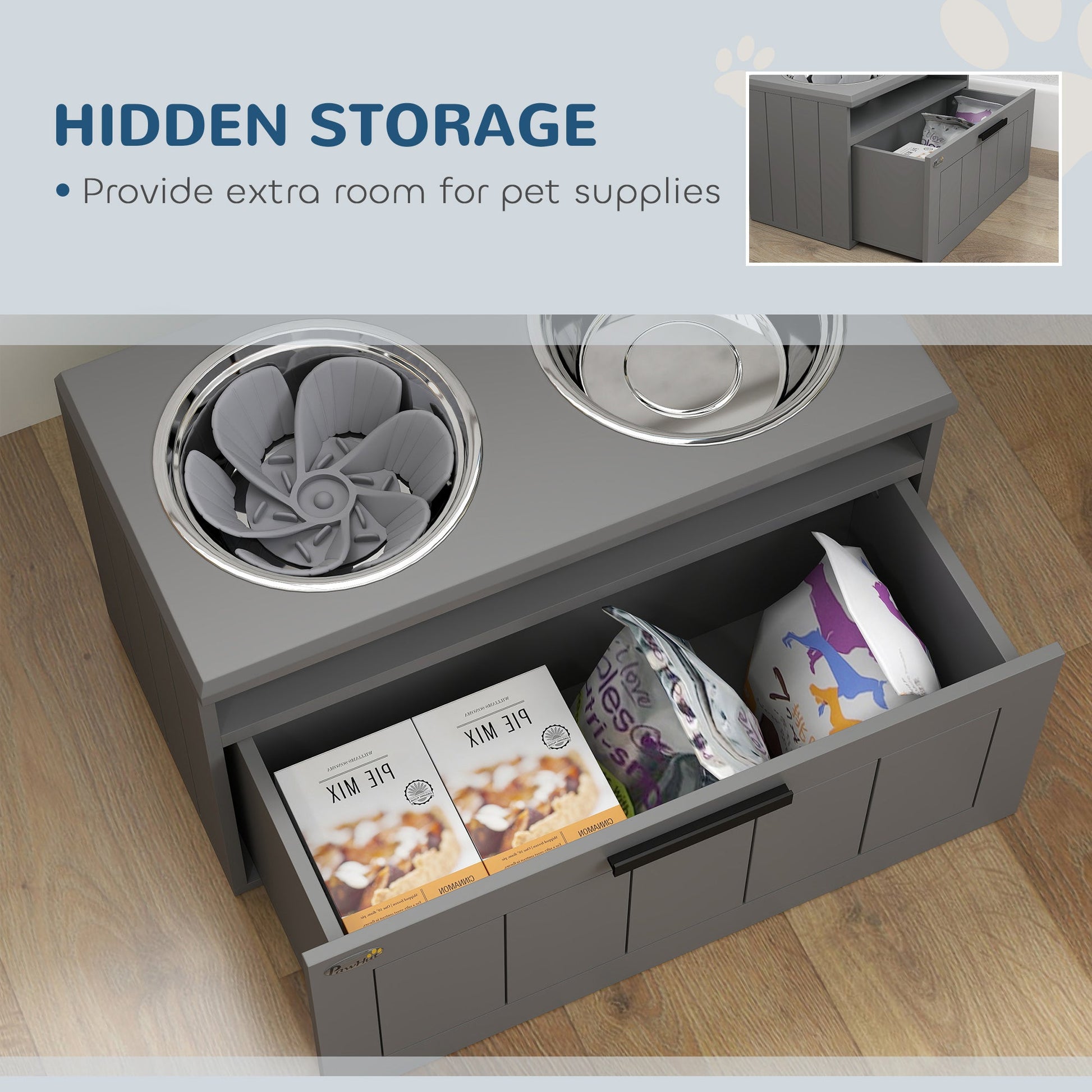 KFX-9351613 Elevated Dog Bowl Stand with 2 Stainless Steel Bowls, Slow Feeder, and Storage Drawer for Large Breeds