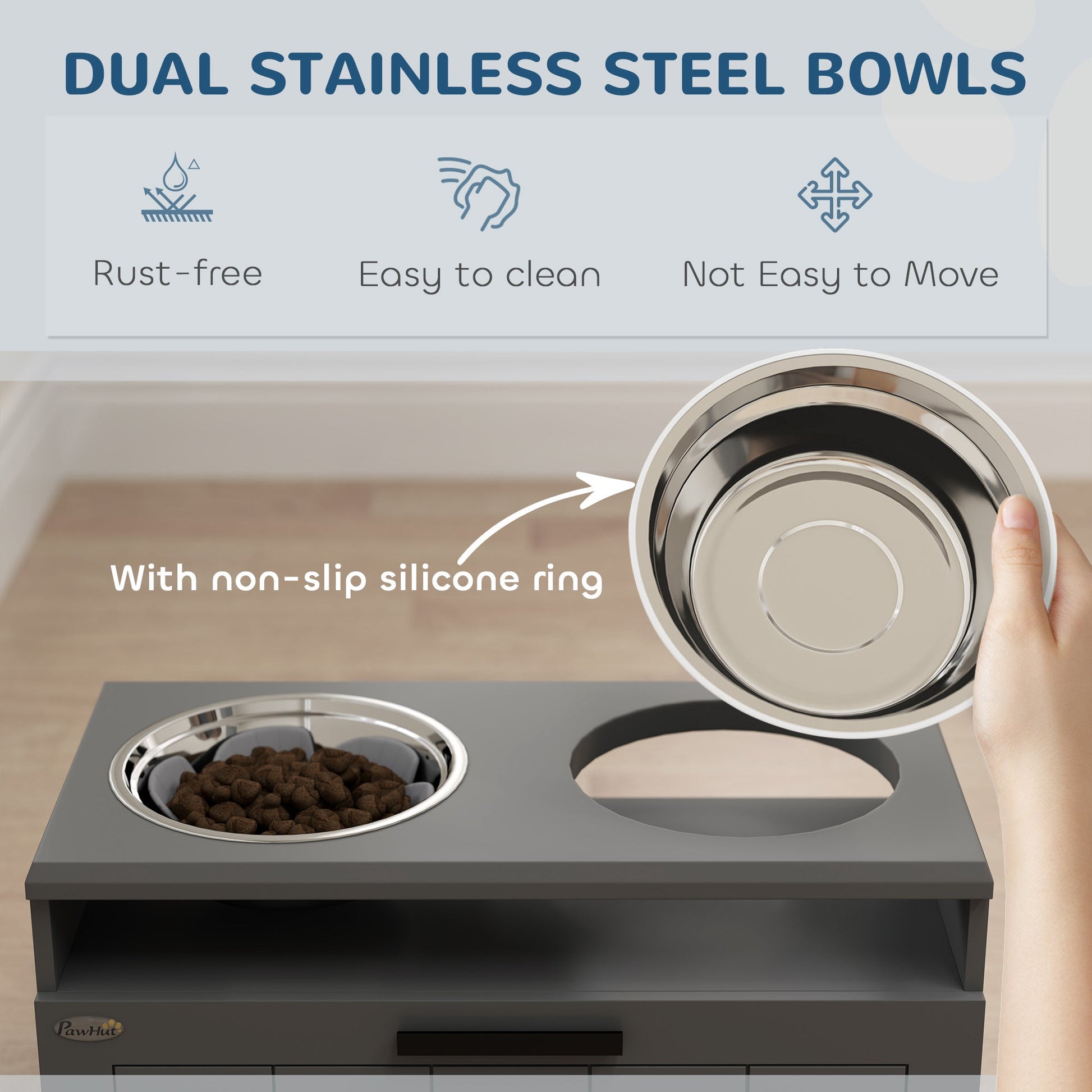 KFX-9351613 Elevated Dog Bowl Stand with 2 Stainless Steel Bowls, Slow Feeder, and Storage Drawer for Large Breeds