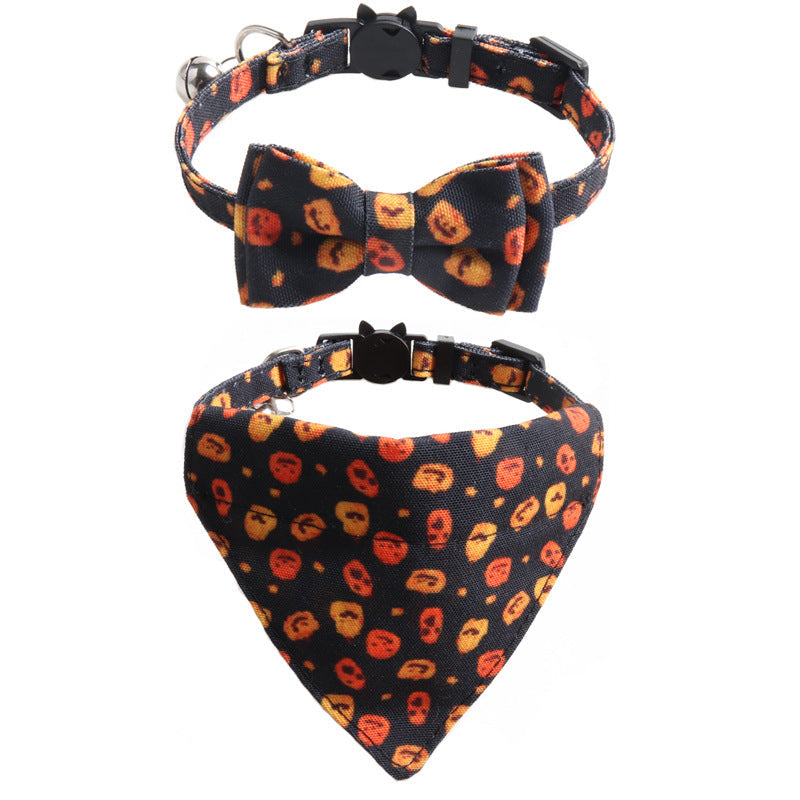 KFX-9353021 Halloween Pumpkin Cat Collar and Bib Set - Adjustable Polyester Kitten Accessories in Black and Purple