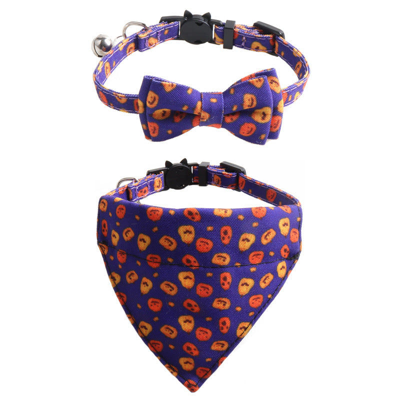 KFX-9353021 Halloween Pumpkin Cat Collar and Bib Set - Adjustable Polyester Kitten Accessories in Black and Purple
