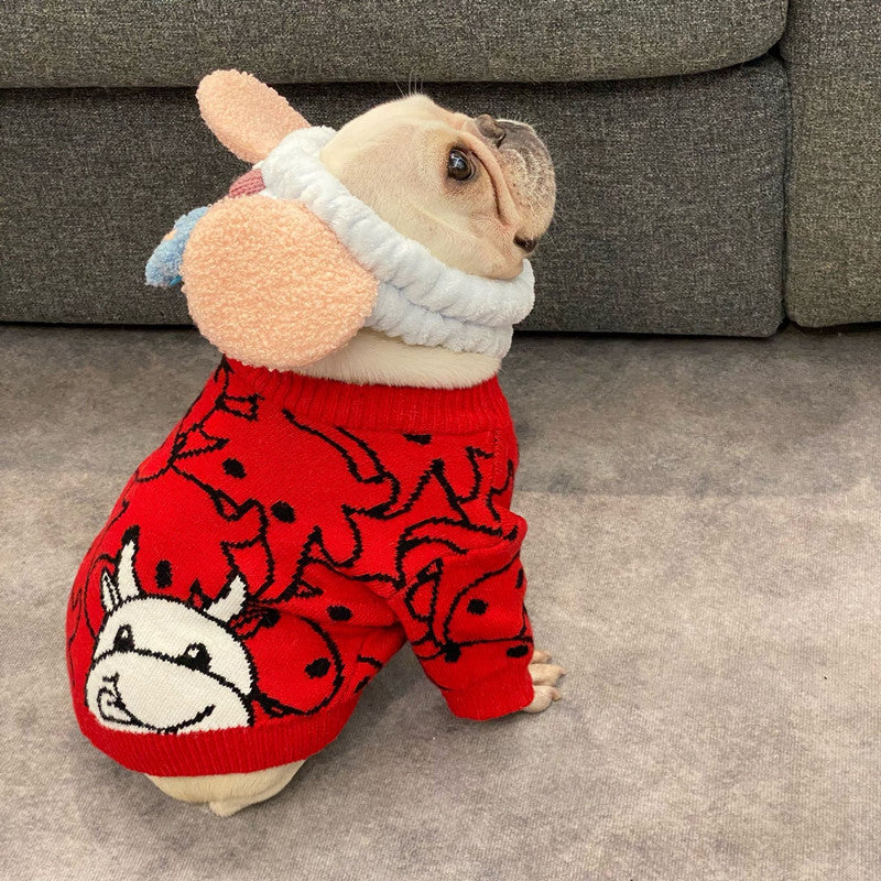 KFX-9355965 Casual Festive Red Pet Sweater for New Year Celebrations - Perfect for Year of the Ox