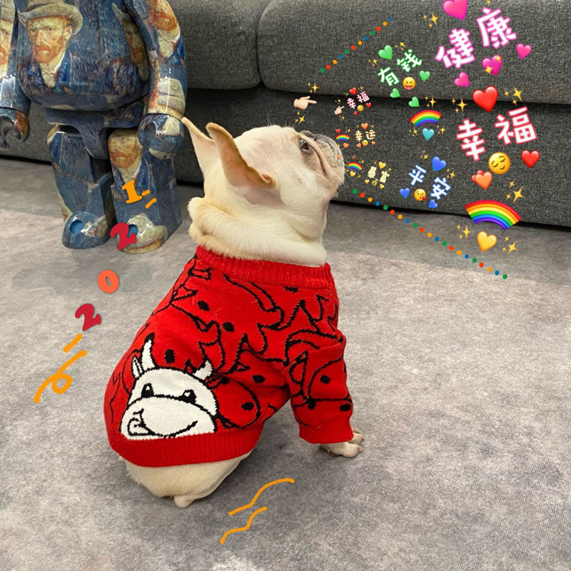 KFX-9355965 Casual Festive Red Pet Sweater for New Year Celebrations - Perfect for Year of the Ox