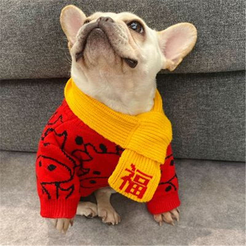 KFX-9355965 Casual Festive Red Pet Sweater for New Year Celebrations - Perfect for Year of the Ox