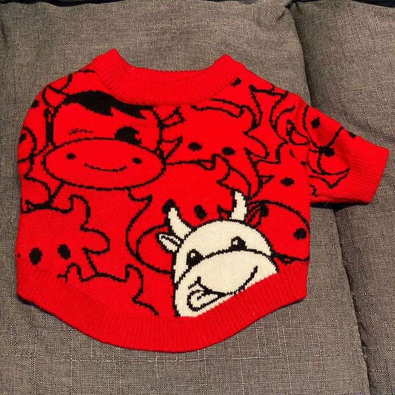 KFX-9355965 Casual Festive Red Pet Sweater for New Year Celebrations - Perfect for Year of the Ox