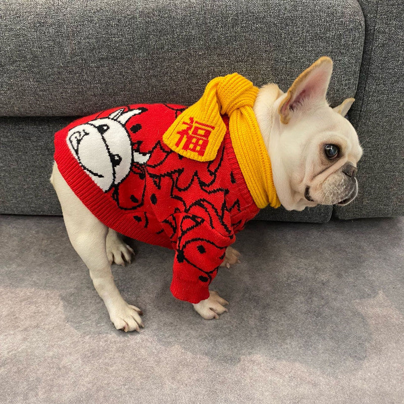 KFX-9355965 Casual Festive Red Pet Sweater for New Year Celebrations - Perfect for Year of the Ox