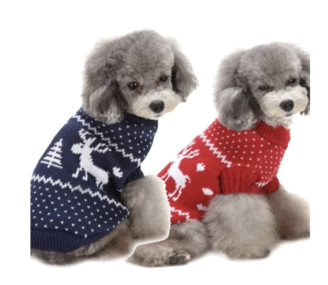 KFX-9359165 Christmas-themed Reindeer Dog Sweater in Blue and Red for Small to XXL Sizes
