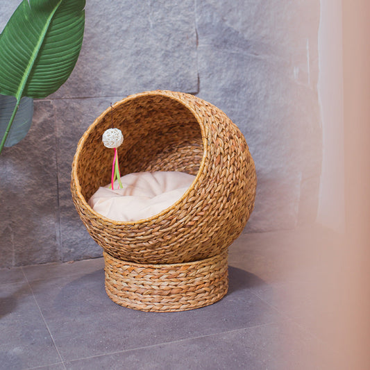 KFX-9361213 Cozy Rattan Cat Nest Bed for Summer Comfort, Brown - 50cm x 57cm
