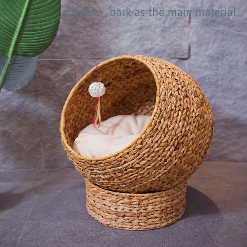 KFX-9361213 Cozy Rattan Cat Nest Bed for Summer Comfort, Brown - 50cm x 57cm