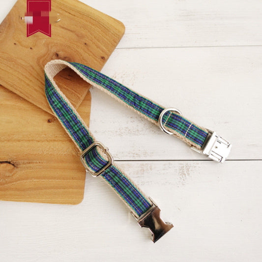KFX-9363133 Plaid Polyester Dog Collar with Metal Chain Ring