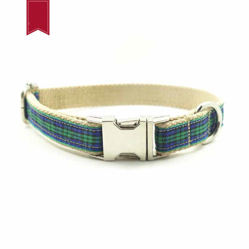 KFX-9363133 Plaid Polyester Dog Collar with Metal Chain Ring
