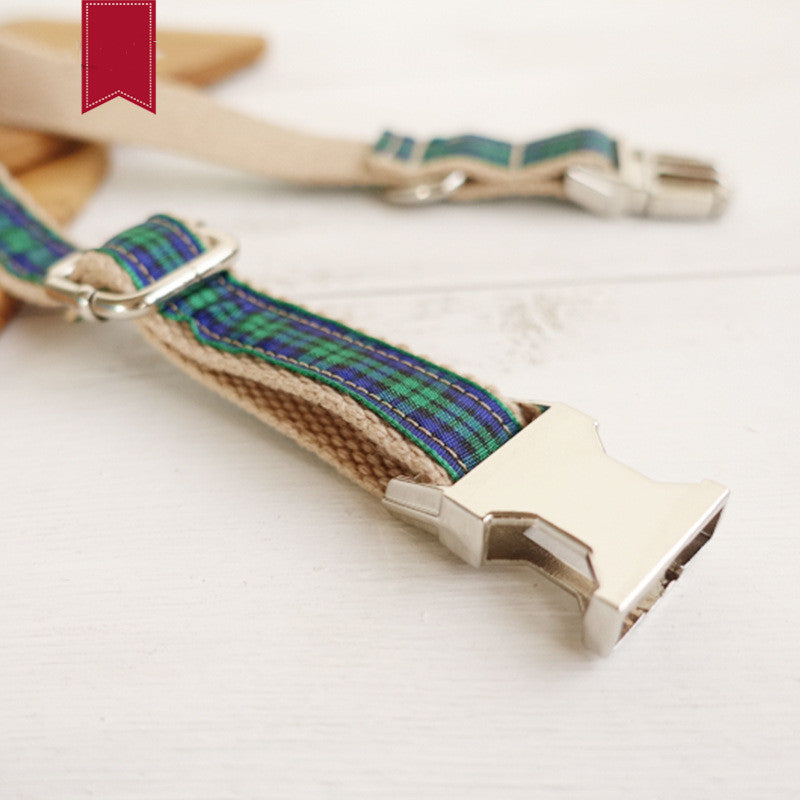 KFX-9363133 Plaid Polyester Dog Collar with Metal Chain Ring