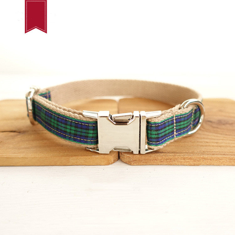KFX-9363133 Plaid Polyester Dog Collar with Metal Chain Ring