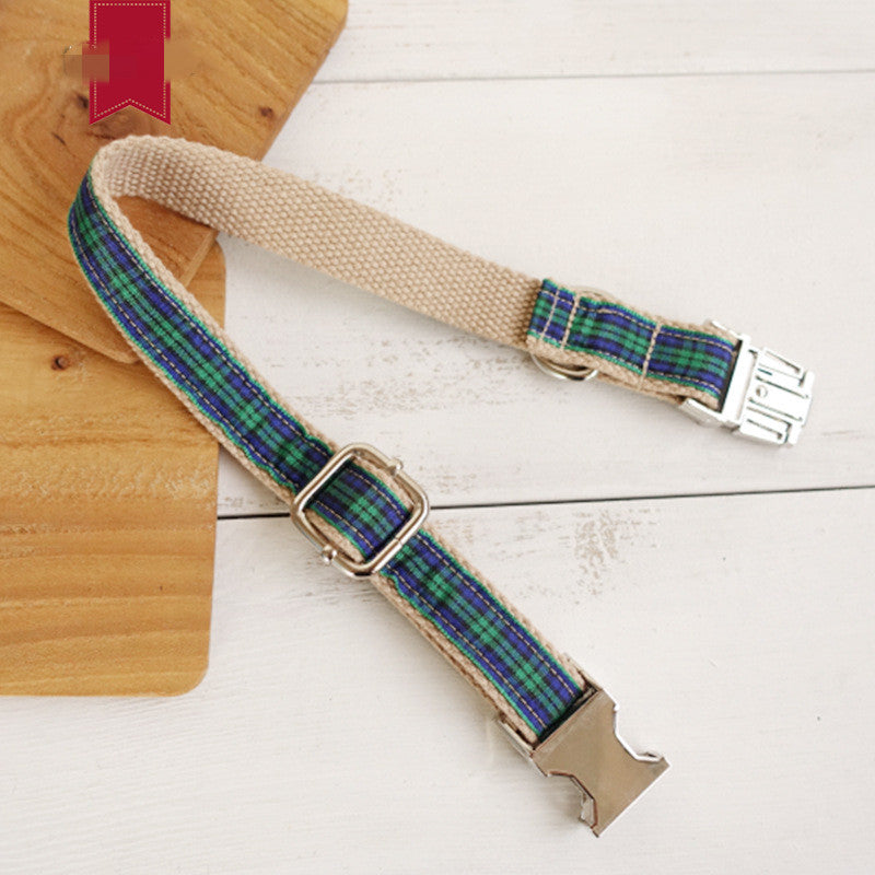 KFX-9363133 Plaid Polyester Dog Collar with Metal Chain Ring