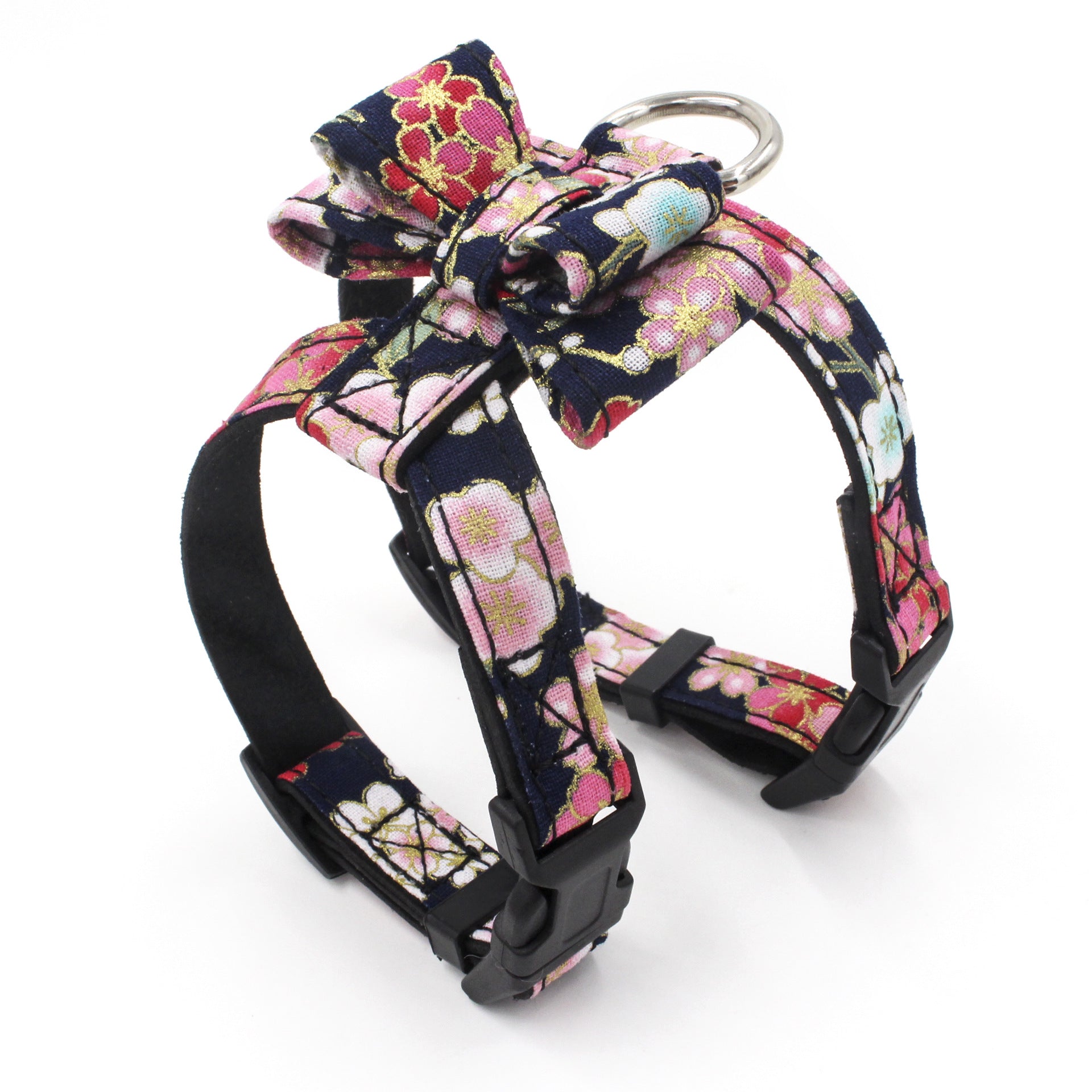 KFX-9366205 Small Dog Print Bow Harness in Black, Red, and Pink – Microfiber Chest Strap with Size Options