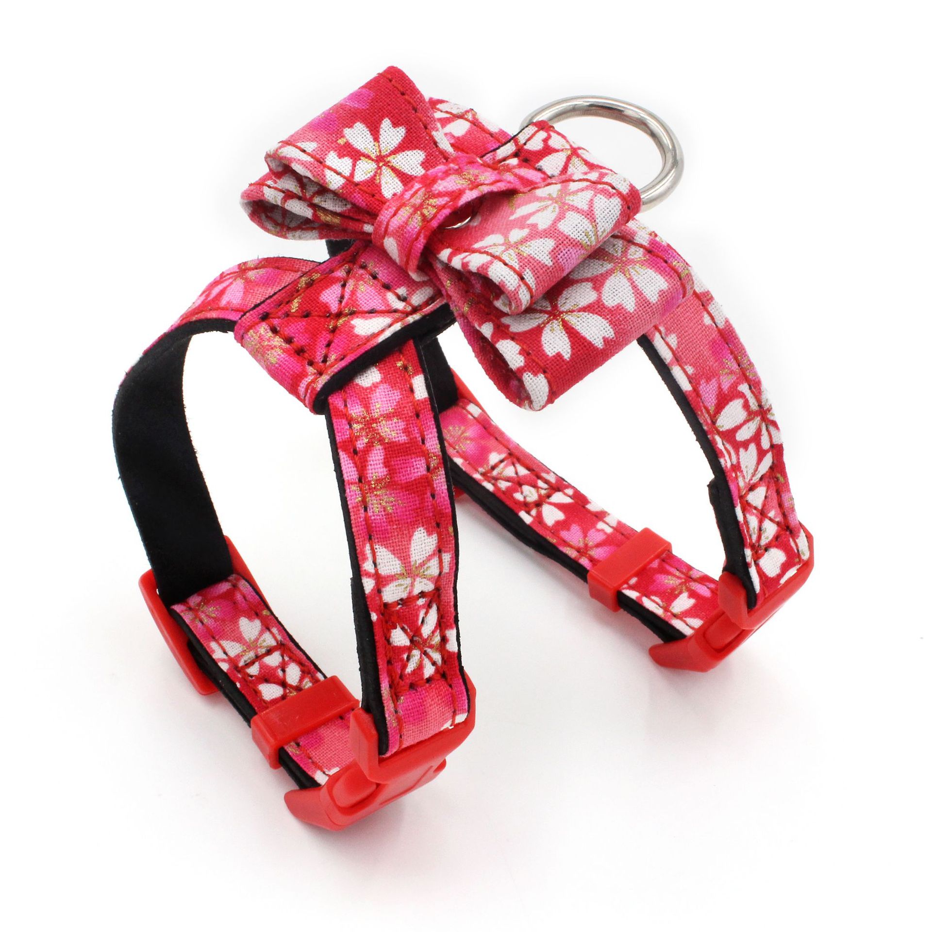 KFX-9366205 Small Dog Print Bow Harness in Black, Red, and Pink – Microfiber Chest Strap with Size Options