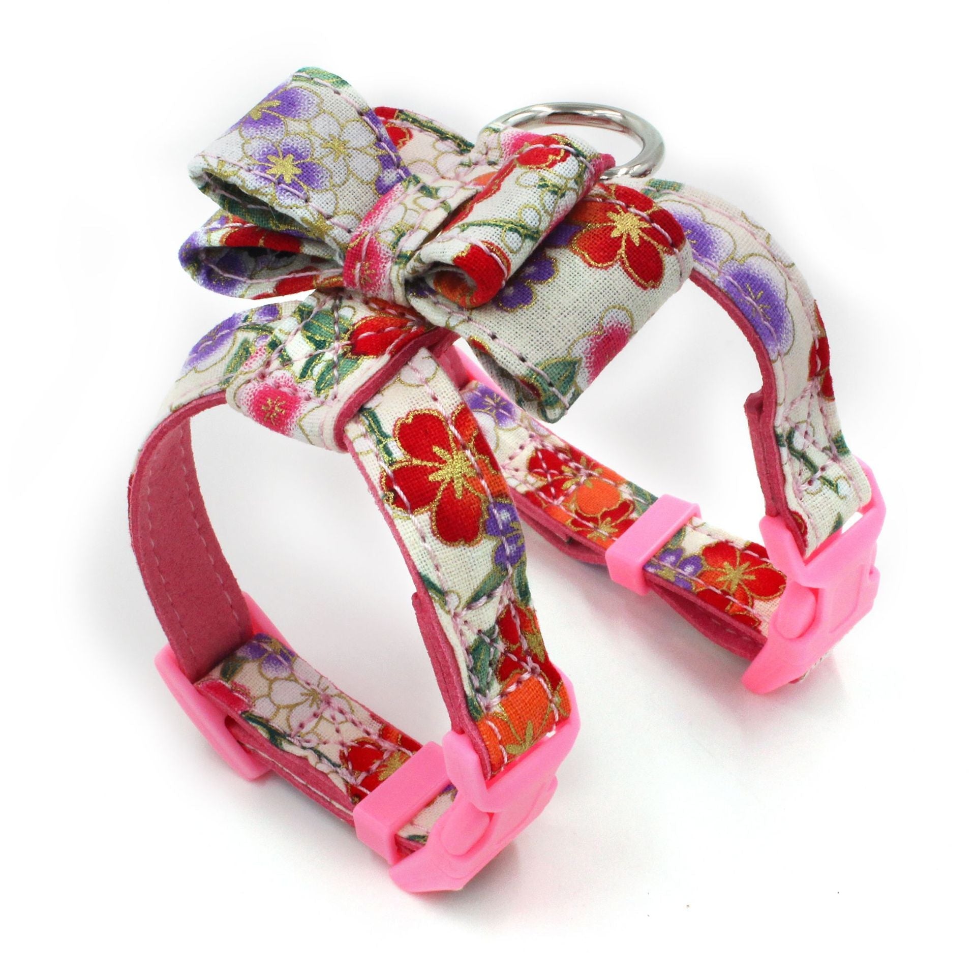 KFX-9366205 Small Dog Print Bow Harness in Black, Red, and Pink – Microfiber Chest Strap with Size Options
