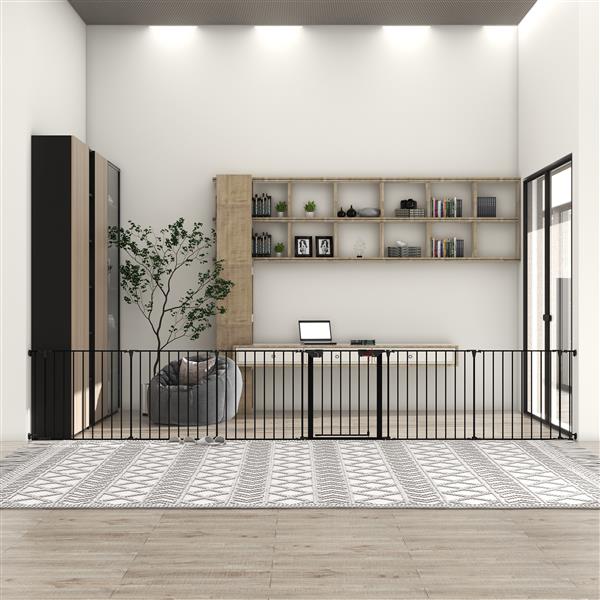 KFX-9368509 150-Inch Adjustable Safety Gate with Walk-Through Door, Ideal for Staircases and Play Areas