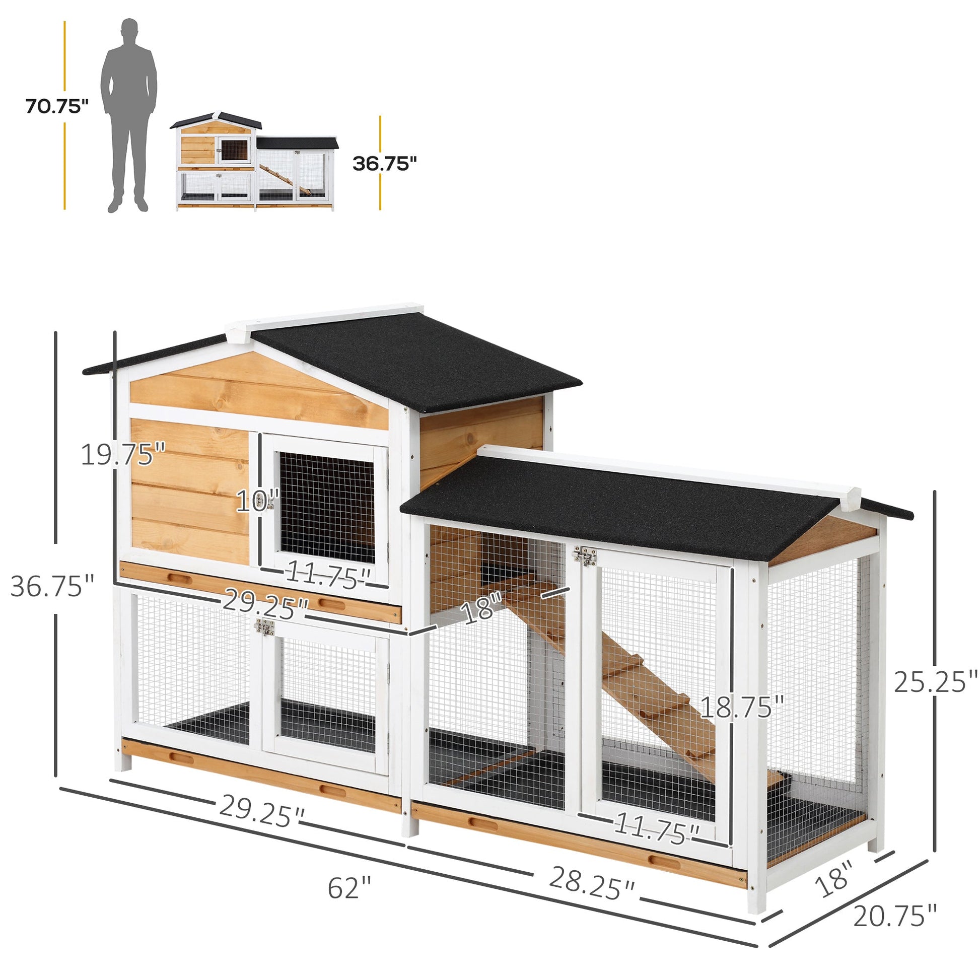 KFX-9370557 2-Story Wooden Rabbit House with Ramp and Weatherproof Roof for Indoor/Outdoor Use