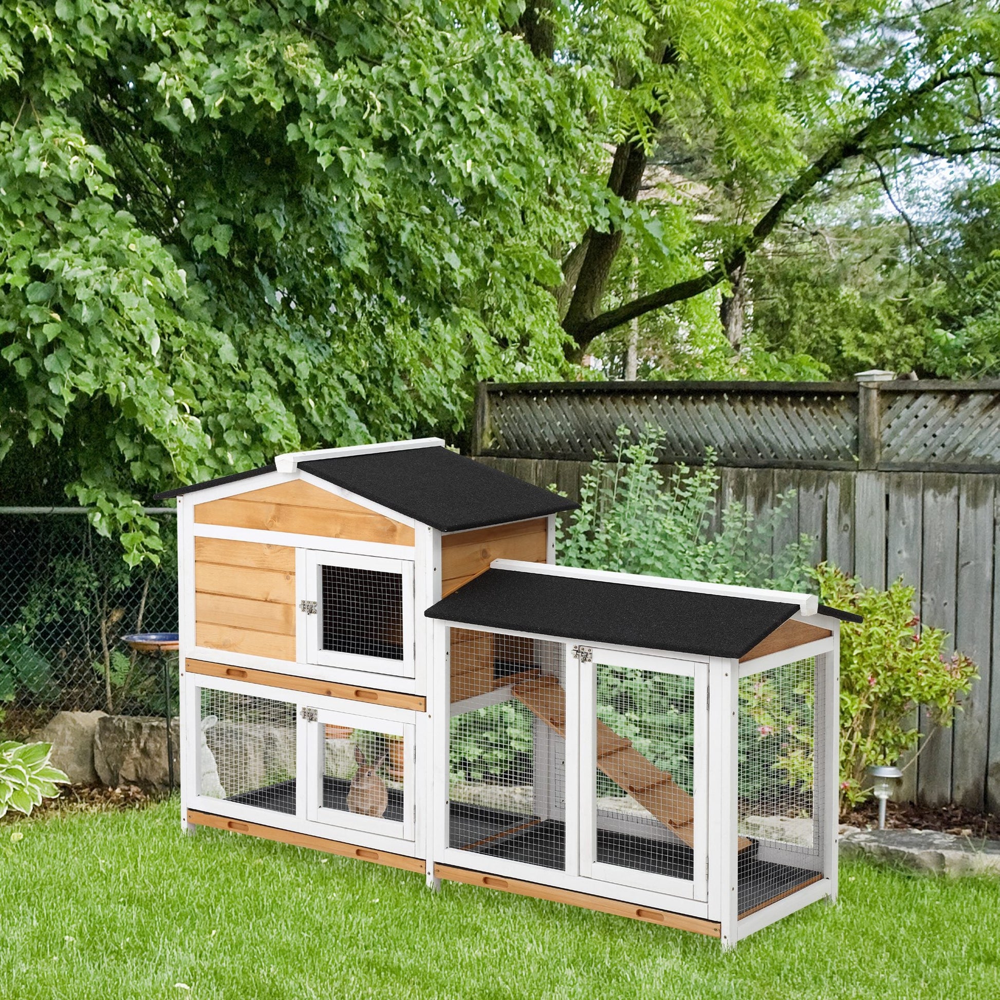 KFX-9370557 2-Story Wooden Rabbit House with Ramp and Weatherproof Roof for Indoor/Outdoor Use