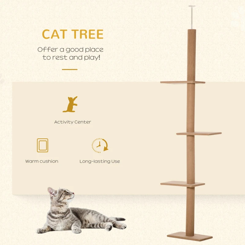 KFX-9375933 Adjustable Floor-to-Ceiling Cat Climbing Tower with Scratching Posts and Platforms in Brown