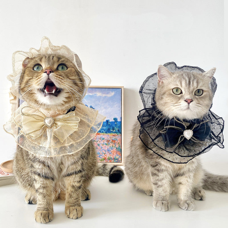 KFX-9376829 Lace Mesh Bibs and Hats Set for Cats and Dogs - Off White and Black, Multiple Sizes Available