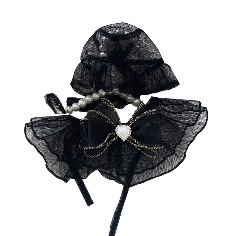 KFX-9376829 Lace Mesh Bibs and Hats Set for Cats and Dogs - Off White and Black, Multiple Sizes Available