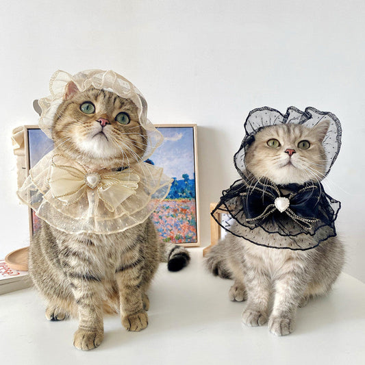 KFX-9376829 Lace Mesh Bibs and Hats Set for Cats and Dogs - Off White and Black, Multiple Sizes Available