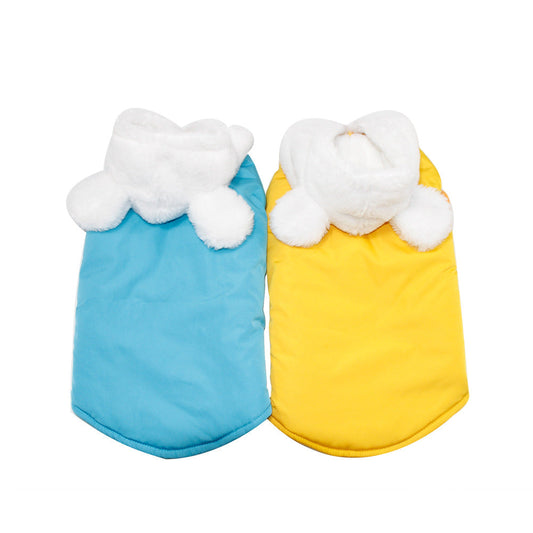 KFX-9379005 Cozy Winter Hooded Pet Clothes for Dogs - Fashionable and Warm Cotton Outfit in Blue and Yellow