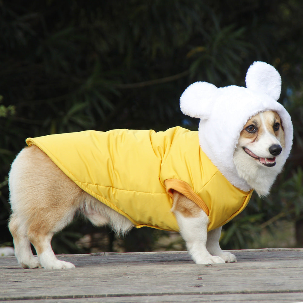 KFX-9379005 Cozy Winter Hooded Pet Clothes for Dogs - Fashionable and Warm Cotton Outfit in Blue and Yellow