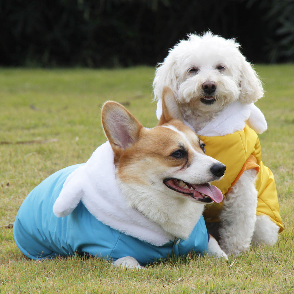 KFX-9379005 Cozy Winter Hooded Pet Clothes for Dogs - Fashionable and Warm Cotton Outfit in Blue and Yellow